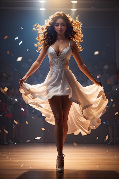 Hermosa chica en vestido blanco bailando en el pasillo con confeti