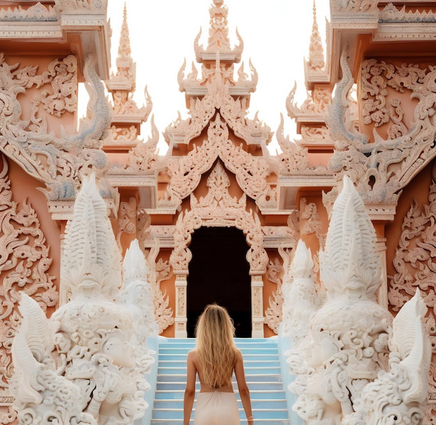 Hermosa chica con un vestido blanco en el fondo del templo