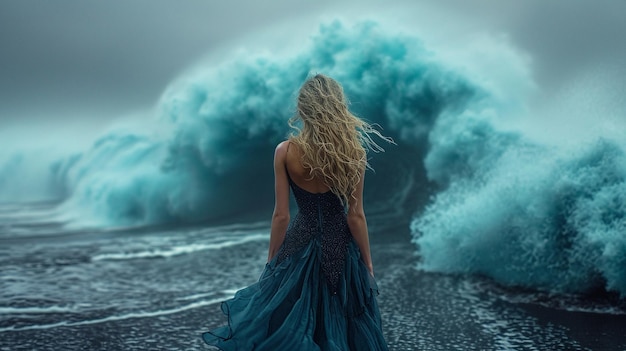 Una hermosa chica en un vestido camina en el océano furioso