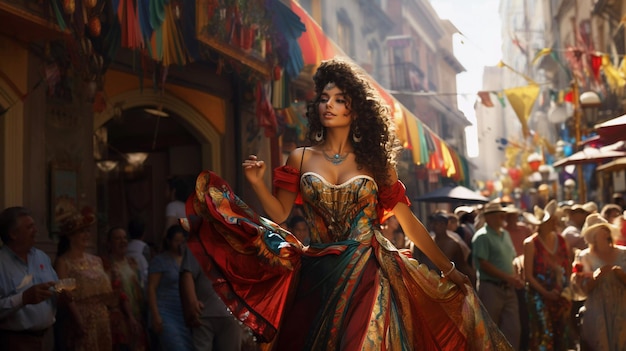 Hermosa chica con un vestido de carnaval en una calle de la ciudad