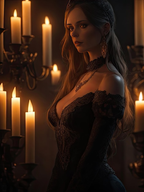 Hermosa chica con un vestido de encaje negro en el interior del antiguo castillo