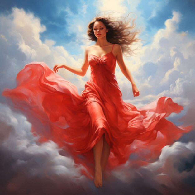 Foto una hermosa chica con un vestido rojo volador caminando en las nubes