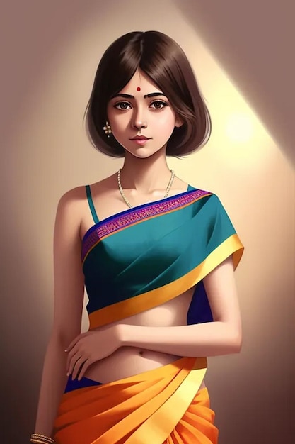 Hermosa chica vistiendo sari de tela tradicional india