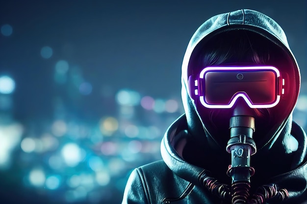 Hermosa científica Cyberpunk Mujer con gafas Cyberpunk metaverso personaje Concepto arte digital