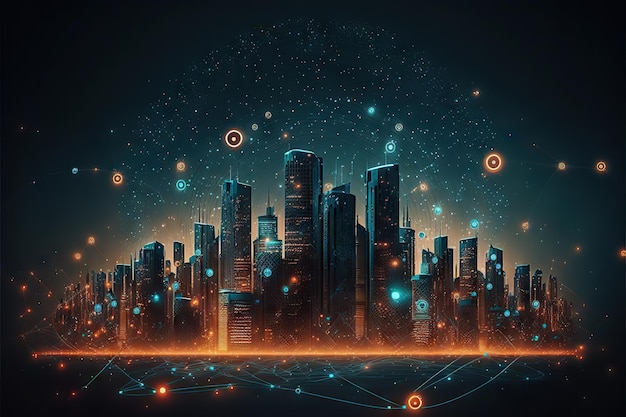 Hermosa ciudad inteligente con líneas de red y puntos iot concepto de ciberespacio creado con ai generativa