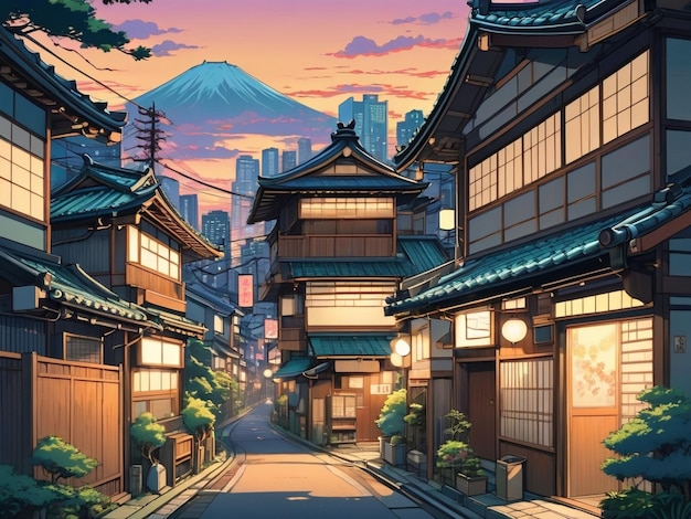 una hermosa ciudad japonesa de tokyo ciudad en la noche casas en la calle anime cómics estilo de arte