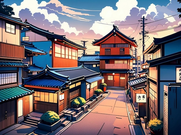 una hermosa ciudad japonesa de tokyo ciudad en la noche casas en la calle anime cómics estilo de arte