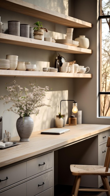 Una hermosa cocina con un gran escritorio de madera y un jarrón de flores