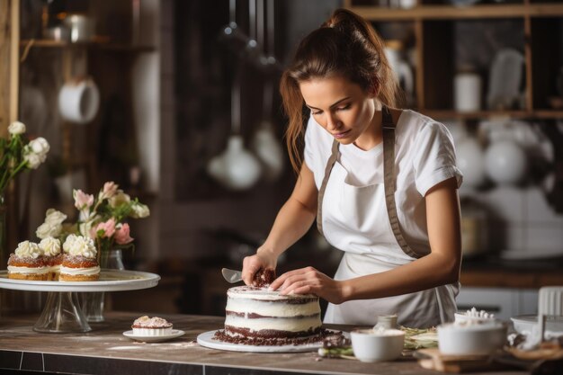 Una hermosa cocinera prepara el postre y está haciendo un pastel en la cocina