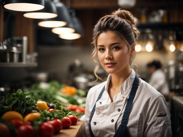 Hermosa cocinera vestida con ropa de chef trabajando en la cocina