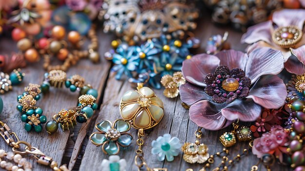 Una hermosa colección de joyas vintage, incluidos broches, collares y pendientes, se exhiben en una rústica mesa de madera.
