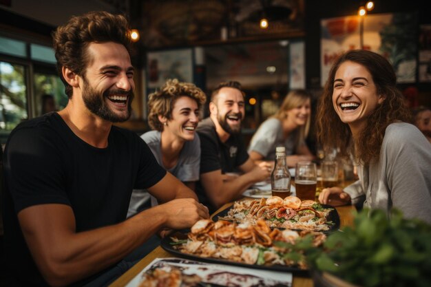 Foto una hermosa compañía de jóvenes está celebrando en un restaurante y comiendo sushi