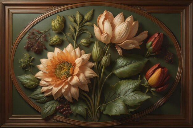 Hermosa composición floral en estilo vintage sobre el fondo de un marco de madera generativo ai