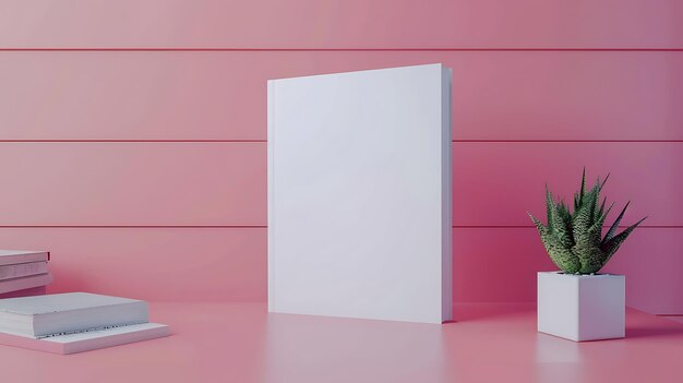 Foto una hermosa composición minimalista con un libro en blanco y una planta sobre un fondo rosado perfecto para mostrar su último diseño de portada de libro