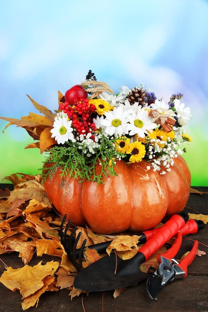 Hermosa composición otoñal en calabaza con instrumentos de jardín en la mesa sobre fondo brillante