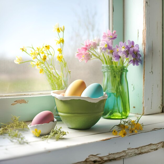 Foto hermosa composición de pascua con coloridos huevos pastel flores silvestres en un jarrón sobre un alféizar de ventana de madera rústica en una casa rural con interior de granja tranquilidad