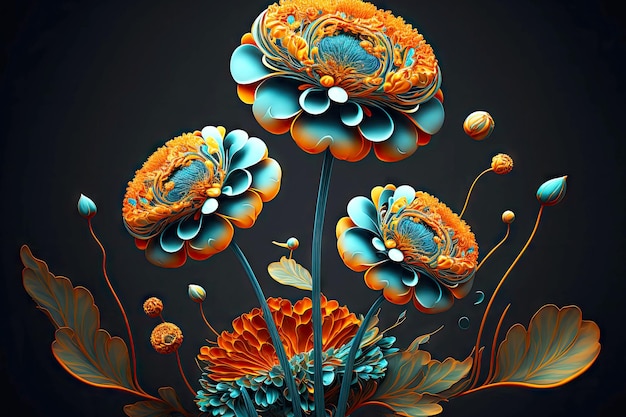 Hermosa composición pintada de flores de caléndula azul naranja