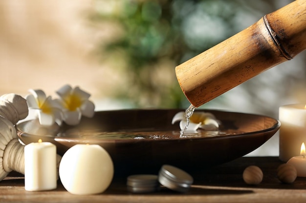 Hermosa composición de spa con agua vertida