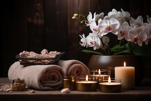 Hermosa composición de spa con lirio sobre fondo marrón Pareja de toallas con velas y orquídeas para masaje natural