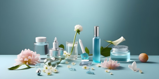 Hermosa composición de spa sobre fondo azul Productos cosméticos naturales para el cuidado de la piel generados por IA
