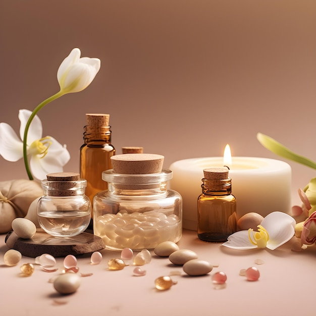 Hermosa composición de spa sobre fondo beige Productos cosméticos naturales para el cuidado de la piel generados por IA