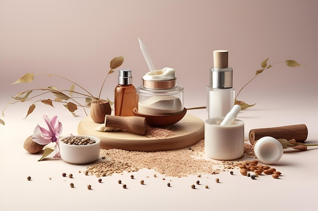 Hermosa composición de spa sobre fondo beige Productos cosméticos naturales para el cuidado de la piel generados por IA