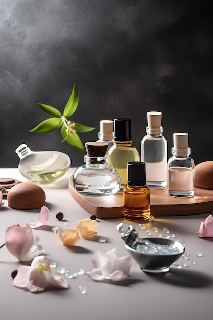 Hermosa composición de spa sobre fondo gris Productos cosméticos naturales para el cuidado de la piel generados por IA