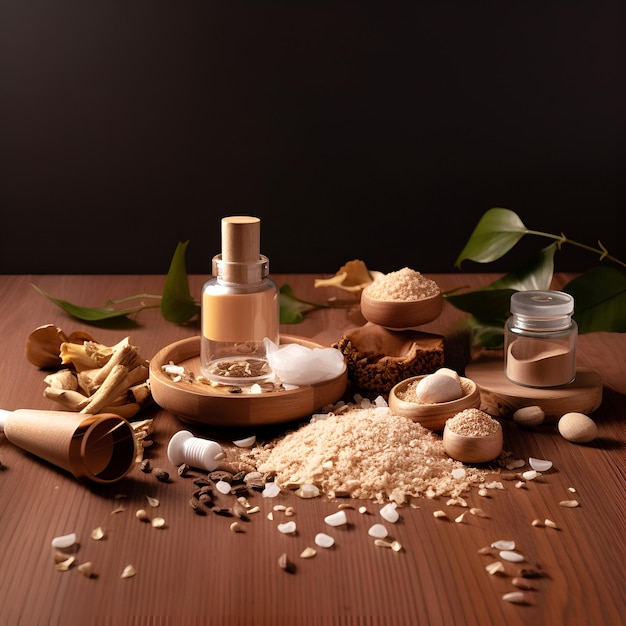 Hermosa composición de spa sobre fondo marrón Productos cosméticos naturales para el cuidado de la piel generados por IA