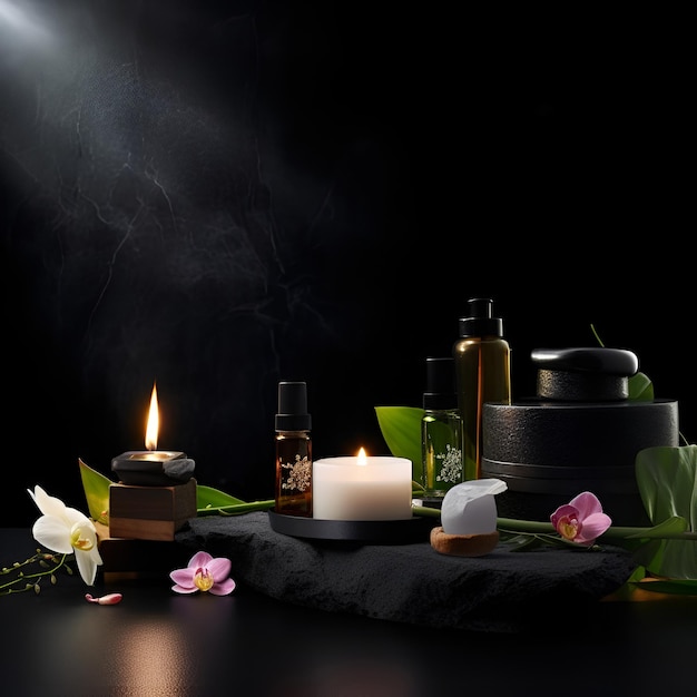 Hermosa composición de spa sobre fondo oscuro Productos cosméticos naturales para el cuidado de la piel generados por IA