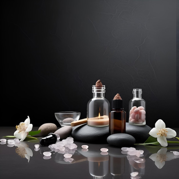 Hermosa composición de spa sobre fondo oscuro Productos cosméticos naturales para el cuidado de la piel generados por IA