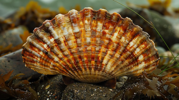 Una hermosa concha de mar se encuentra en la playa rocosa Los detalles intrincados de la concha son resaltados por la luz suave