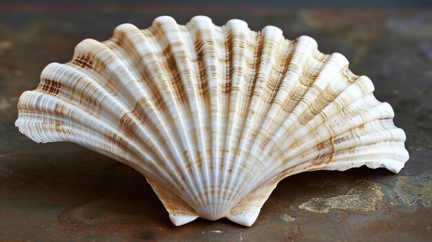 Una hermosa concha de mar se sienta en una superficie oscura la concha es blanca y marrón con una textura nervada la superficie es oscura y oxidada