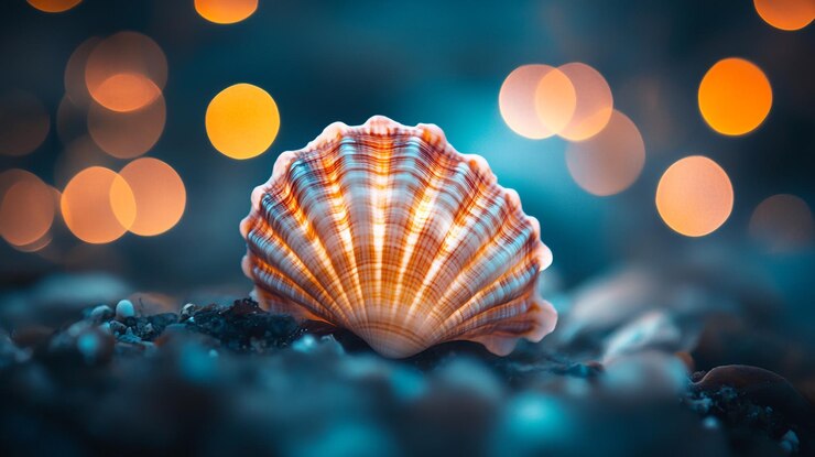 Foto una hermosa concha de vieira brillando contra un colorido fondo bokeh al anochecer