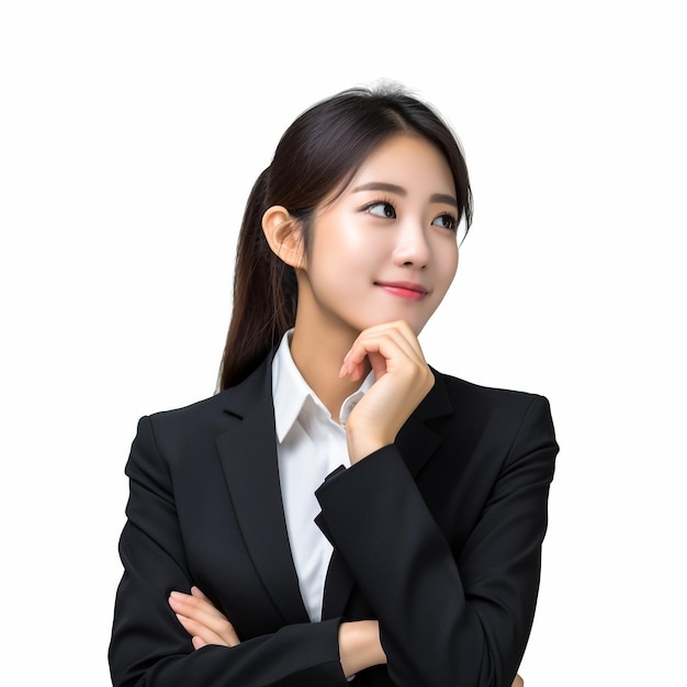 Hermosa y confiada mujer de negocios asiática con los brazos cruzados en la oficina pensando en una nueva idea en el trabajo sonriendo y mirando a la cámara