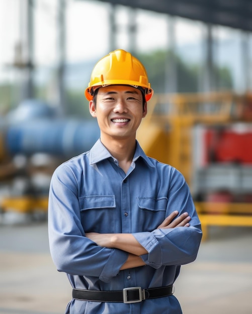 Hermosa confianza hombre asiático constructor trabajador en uniforme y casco de seguridad smilling Día del Trabajo