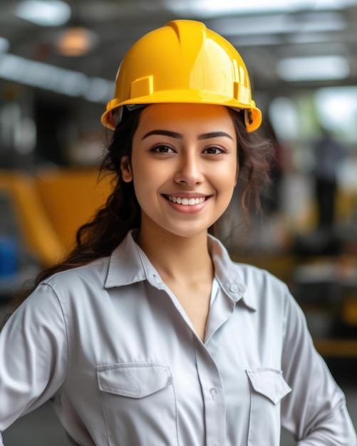 Hermosa confianza trabajadora constructora asiática en uniforme y casco de seguridad sonriendo el Día del Trabajo