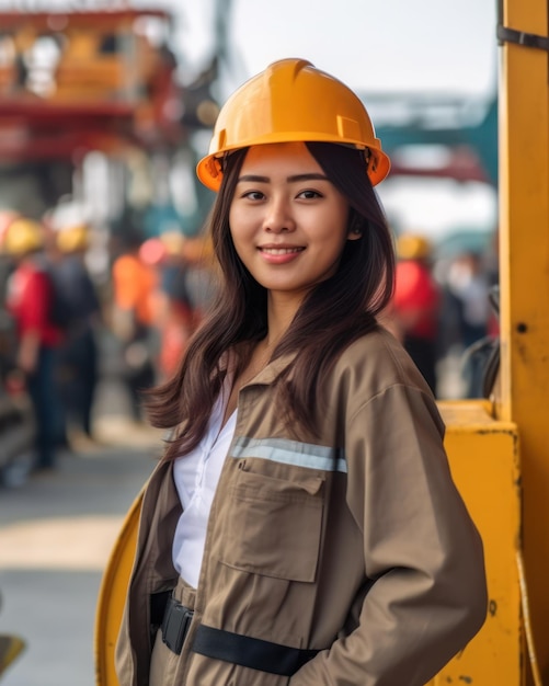 Hermosa confianza trabajadora constructora asiática en uniforme y casco de seguridad sonriendo el Día del Trabajo