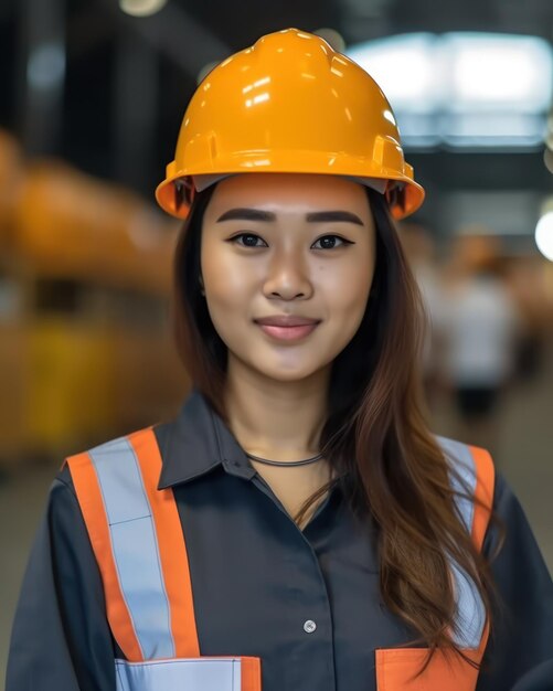 Hermosa confianza trabajadora constructora asiática en uniforme y casco de seguridad sonriendo el Día del Trabajo