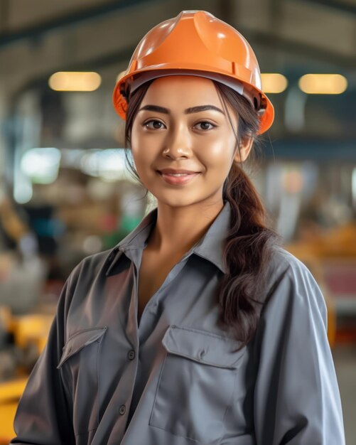 Foto hermosa confianza trabajadora constructora asiática en uniforme y casco de seguridad sonriendo el día del trabajo