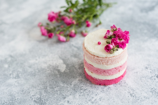 Hermosa crema rosa y pastel de bayas