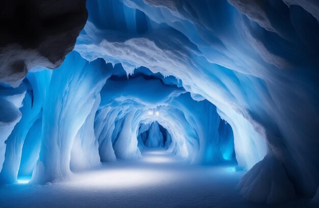 Hermosa cueva de hielo con paisaje de invierno