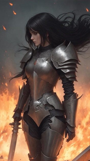 Hermosa dama con armadura metálica de pie sosteniendo una espada sagrada