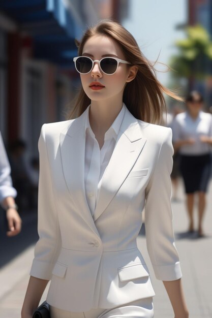 Foto una hermosa dama europea en traje y gafas de sol está caminando por la calle soleada