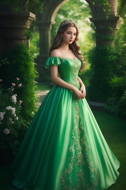 Una hermosa dama lleva un vestido verde de lujo y está de pie en un jardín