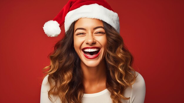 Hermosa dama riendo con retrato de sombrero de Santa sobre fondo rojo aislado