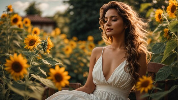 hermosa dama con vestido blanco en el campo de girasol