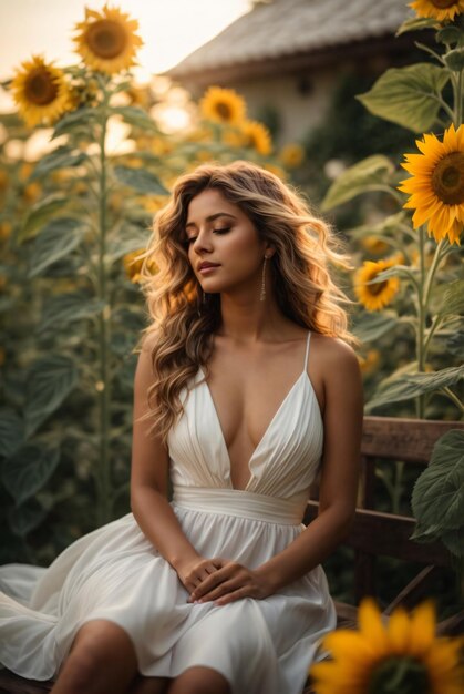 hermosa dama con vestido blanco en el campo de girasol