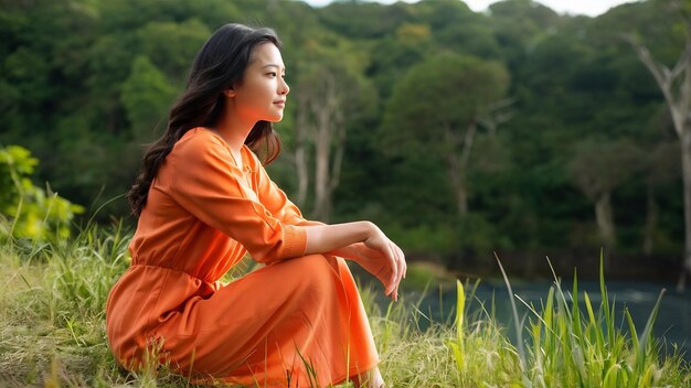 Una hermosa dama con un vestido naranja sentada y mirando lejos en la naturaleza durante el día