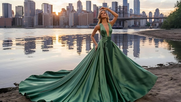 Una hermosa dama con un vestido verde posa frente a un río en Nueva York.