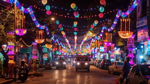 Una hermosa decoración de la calle de Diwali con luces de colores y linternas decorativas colgando por encima La calle está llena de gente y vehículos